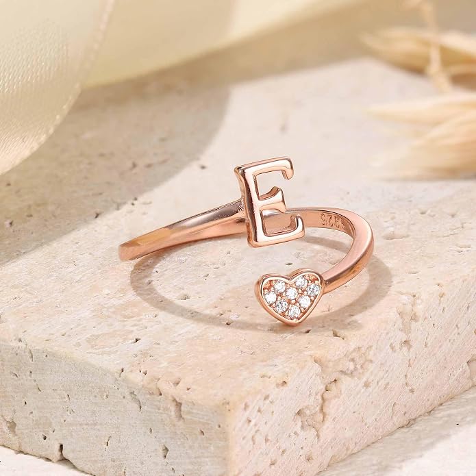 MILACOLATO 925 Sterling Silver Initial Rings for Women Teen Girl 18K Gold Plated Heart Initial Rings Adjustable Capital Letter Ring Stackable Thumb Pinky Rings for Daughter Birthday Bridesmaid Gifts Jewelry, A to Z