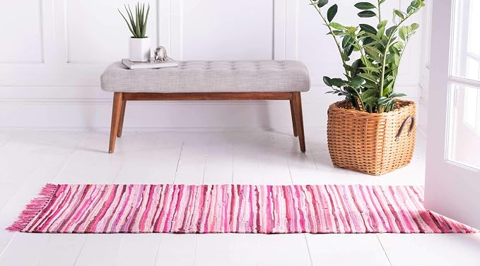 Unique Loom Chindi Cotton Collection Hand Woven Natural Fibers Area Rug_CCH002, 2 ft 7 in x 9 ft 10 in, Pink/Ivory
