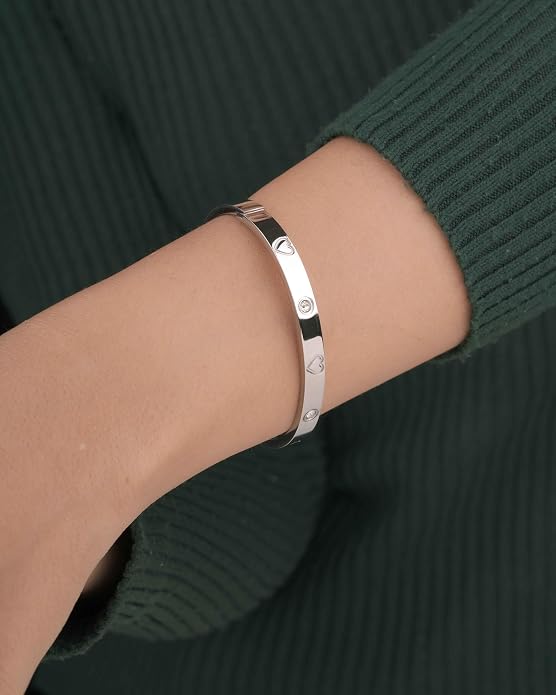Stainless Steel Heart Motif Bangle Bracelet - Polished Hinged Cuff with Cubic Zirconia Accents - Durable Love-Inspired Design for Women