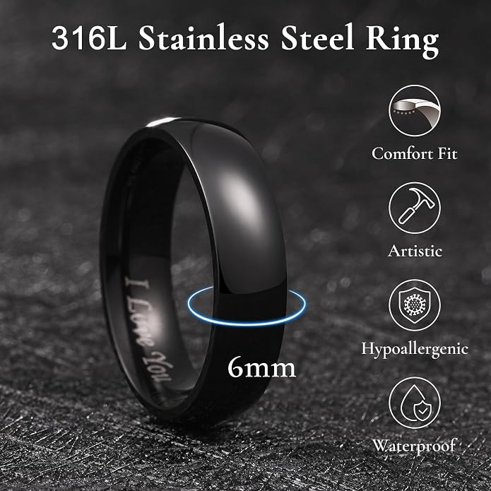 King Will 316L Stainless Steel Wedding Band for Men Women-2-8mm Width Wedding Ring in Black/Sliver/Gold Plated Laser I Love You High Polished Dome Style Promise Ring Comfort Fit Size 4-15