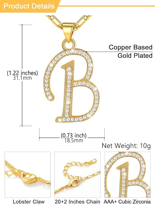 U7 Initial Necklace for Women, Gold/Platinum Plated CZ Crystal Letter A-Z Pendant Necklace, Shiny 20 Inch Name Chain Dainty Personalized Jewelry for Men Mom Wife Friend