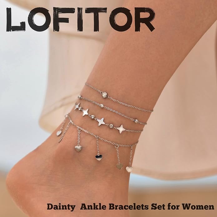 LOFITOR Ankle Bracelets for Women Glitter Waterproof Adjustable Anklet Set for Women 18K Gold Plated Silver Charm Dainty Layered Anklets, Summer Beach Anklet Jewelry for Women