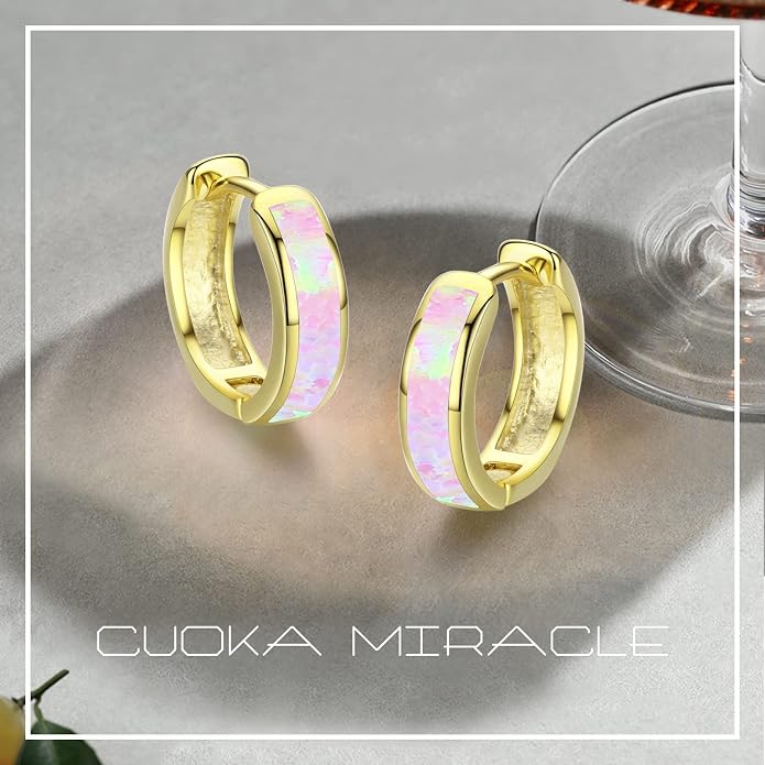 CUOKA MIRACLE 925 Sterling Silver Opal Hoop Earrings for Women - Opal Hinged Huggie Hoops, Hypoallergenic Small Hoop Earrings for Sensitive Ears, Dainty Everyday Jewelry Birthday Christmas Gift