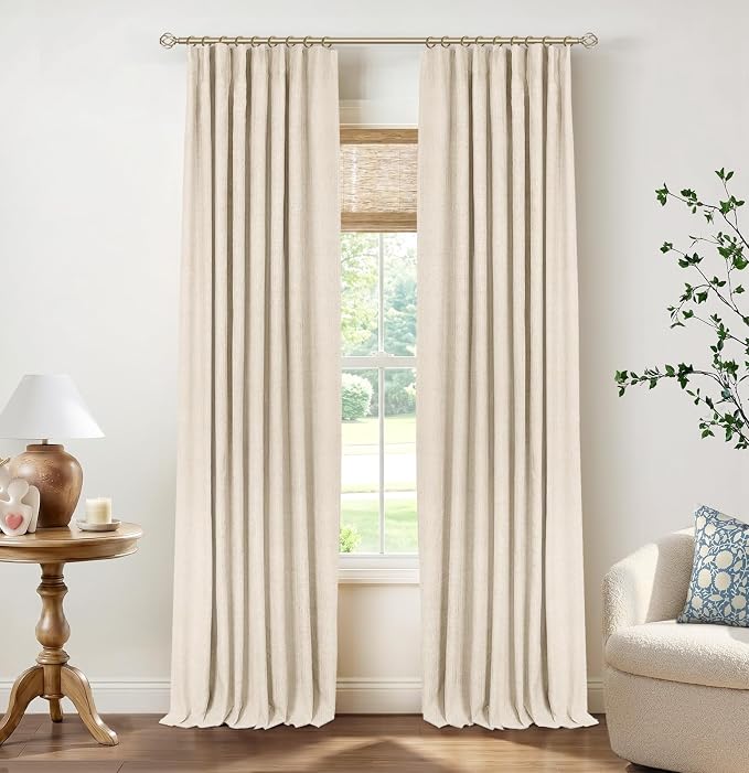 INOVADAY 100% Blackout Curtains for Bedroom, Cream Black Out Curtains 90 Inch Long, Clip Rings Linen Blackout Drapes, Thermal Insulated Room Darkening for Living Room, 2 Panels - W50xL90