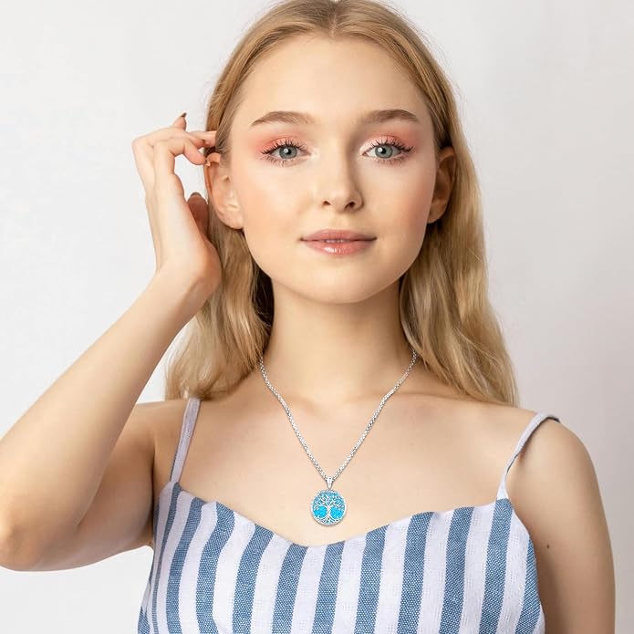 Tree of Life Necklace for Women Sterling Silver Celtic Moon Tree Moonstone Turquoise Pendant Heart Family Tree Necklace for Mother Daughter Sister Gifts