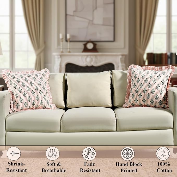 Ridhi Salmon Blossom Stripe Modern Farmhouse Pillow 16x16 Covers Block Print Cotton Throw Pillow Cover Set of 2 Cushion Covers with Ruffle for Couch Sofa Bed Living Room Decor Spring Easter