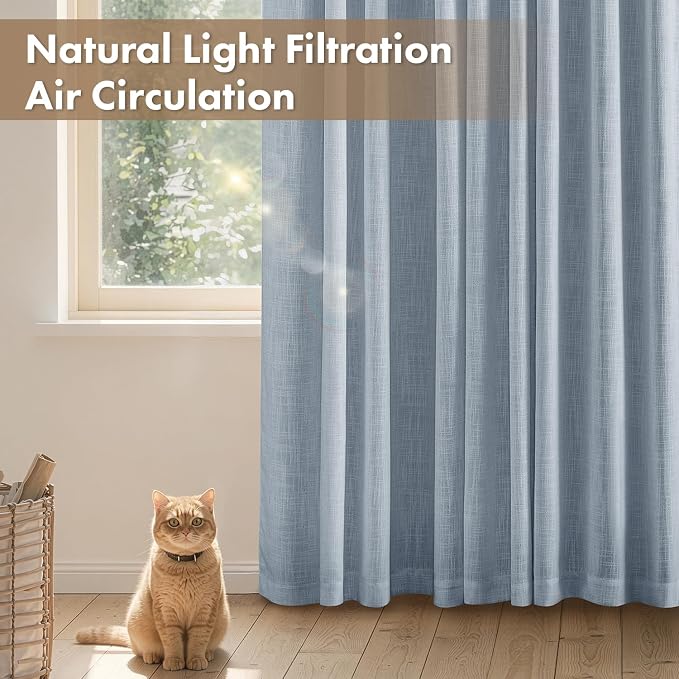 MIULEE Thick Linen Curtains 96 Inches Long Light Blue Semi Sheer for Farmhouse/Living Room/Bedroom, Linen Textured Light Filtering Window Privacy Drapes with Back Tab Rod Pocket, 42Wx96L, Set of 2