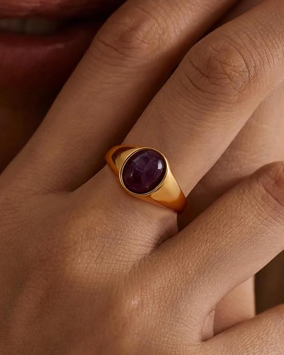 YeGieonr Gold Signet Rings for Women Non Tarnish Gold Rings, Waterproof Gemstones Statement Ring, 18K Gold Plated Stainless Steel Gem Stone Jewelry Gift for Everyday Wear