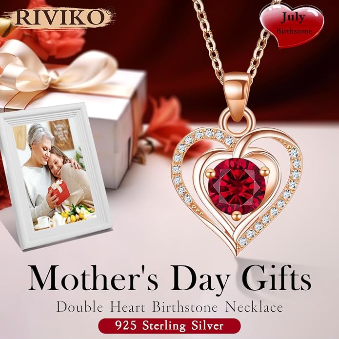 RIVIKO Heart Birthstone Pendant Necklace for Women 925 Sterling Silver Zirconia Necklaces Valentine's Day Anniversary Birthday Mothers Day Jewelry Gifts For Her Mother Wife