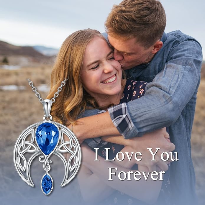 AOBOCO Sterling Silver Celtic Crescent Moon Goddess Pendant Irish Good Luck Necklace with Birthstone Crystal, Celtic Moon Jewelry Gift for Women Mom Wife