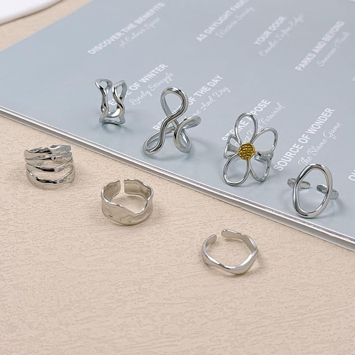 Gold Chunky Rings for Women Asymmetrical Wavy Curve Thumb Ring Irregular Thick Open Statement Rings Adjustable Stainless Steel Flower Finger Rings Non Tarnish
