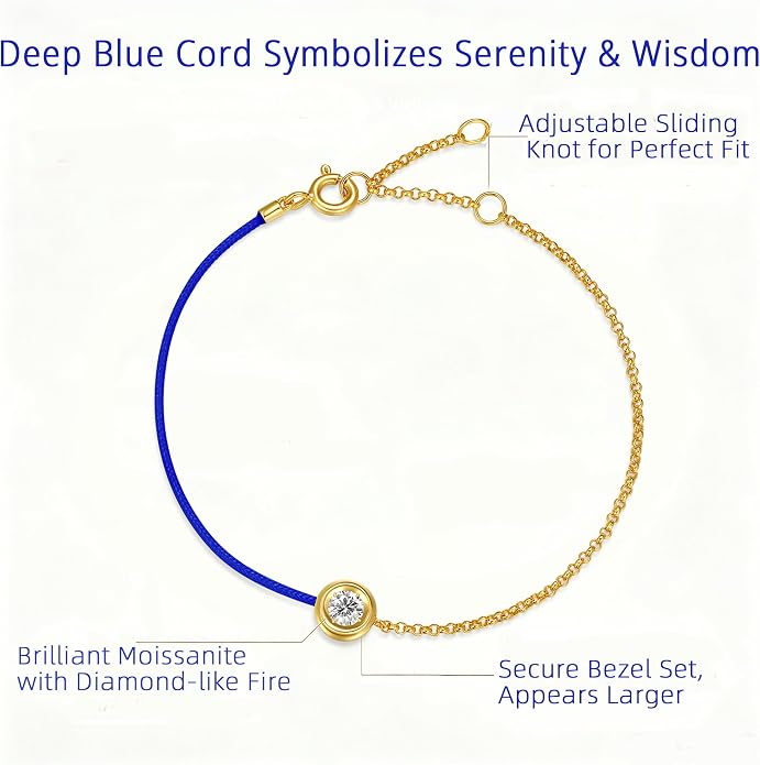 MISS mimi 18K Gold Plated Moissanite Bracelet for Women, 925 Sterling Silver Bezel Set Dainty Cord Jewelry, Adjustable Layering Friendship Gift