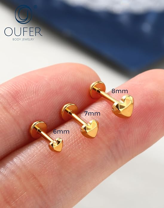 OUFER 18G 6/7/8MM Flat Back Cartilage EarRings-3PCS Gold Titanium Extended Internally Threaded Lip Piercing 2/3/4MM Round Clear CZ Helix Piercing Jewelry