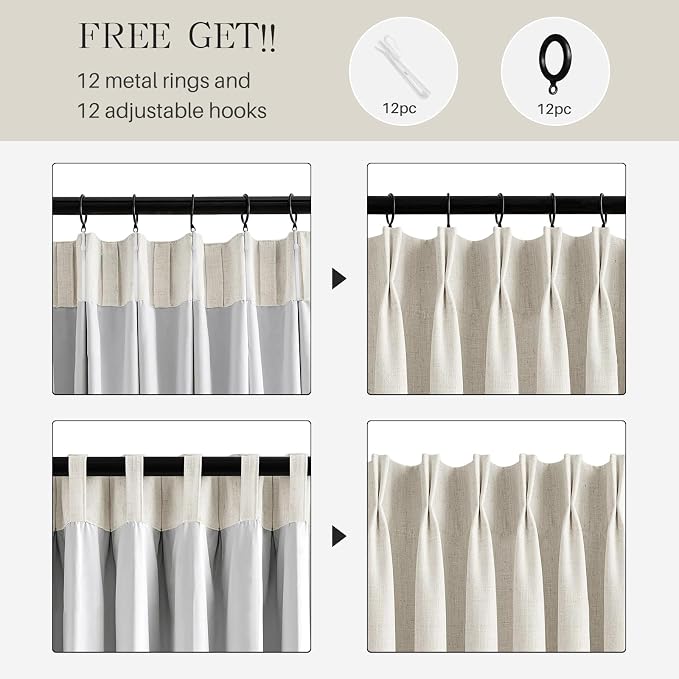 Pinch Pleated Curtains 100% Blackout Linen Curtains 90 Inches Long for Bedroom Living Room, Natural Memory Trained Thermal Insulated Room Darkening Window Pleat Drapes with Hooks, 1 Panel, 60"Wx90"L