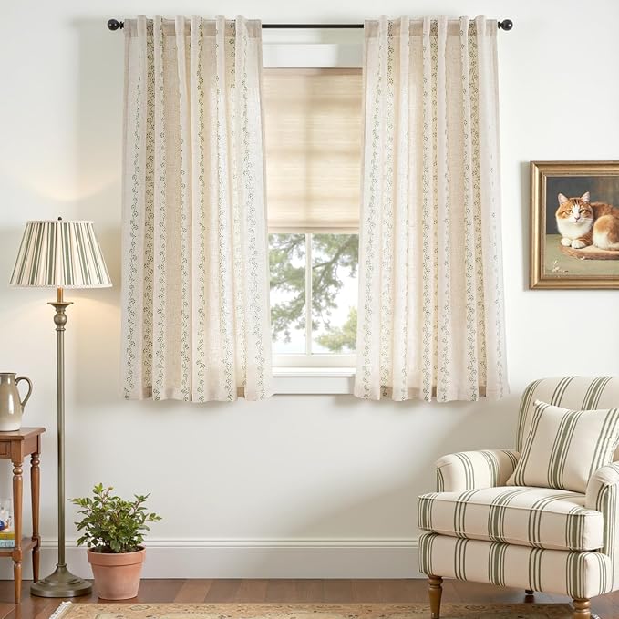 Lazzzy Cathy Linen Floral Curtains 63 inch Length for Kitchen Cute Privacy Curtains for Kids Room Rod Pocket Back Tab Light Filtering Drapes Farmhouse Cottage Core Decor 50"x63" Sage Green on Linen