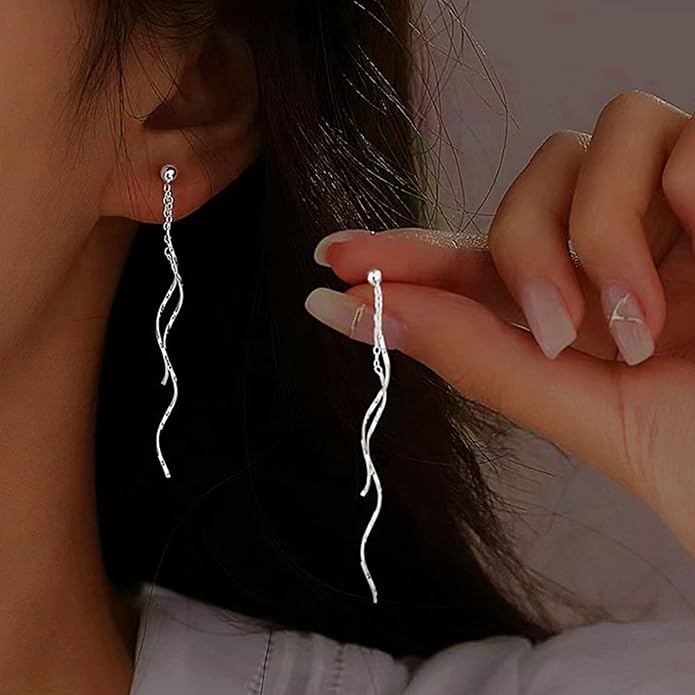925 Sterling Silver Dainty Hard Wire Threader Dangle Earrings for Women 14k Gold Plated Tassel Threader Pull Through Long Half Hoop Earring Wedding Bridal Birthday Jewelry Gifts