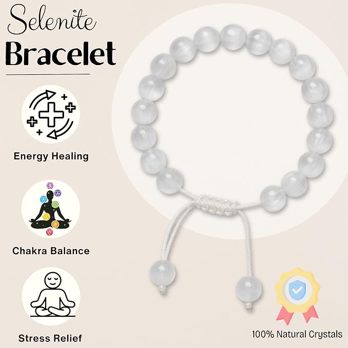 Amazing Gemstone Selenite Bracelet, Gifts for Men & Women - Protection Healing Crystal Bracelet - 8mm Gemstone Beaded Adjustable Bracelet, Pulseras para Hombres Mujer Stocking Stuffers