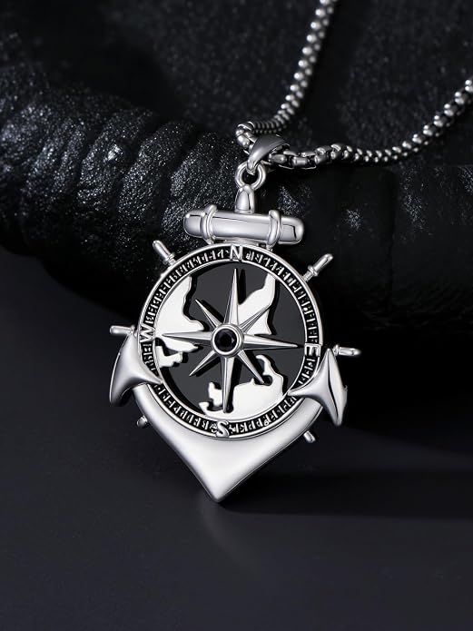 POIUY Graduation Gifts for Men, Compass Necklace, 18k White & Black Gold Plated - Compass Pendant, Graduation Jewelry, Anniversary Birthday Gift for Graduates College Students Son Brother Him