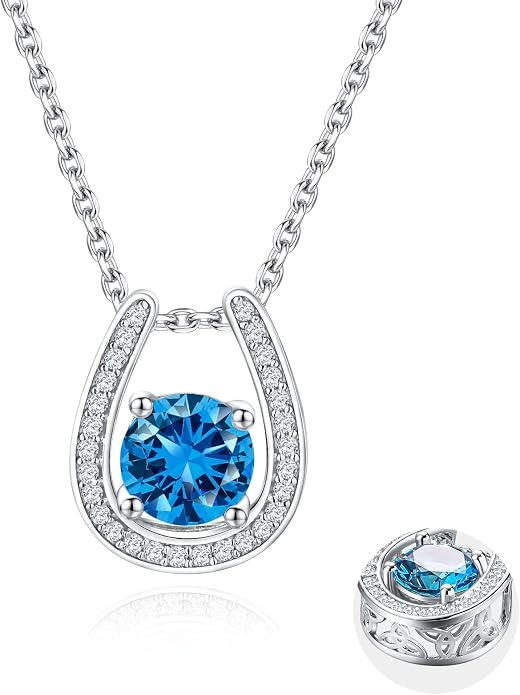 925 Sterling Silver Horseshoe Necklace for Women Round Gemstone Birthstone Necklace Sapphire/Emerald/Ruby/CZ Horse Shoe Pendant Necklaces Jewelry Gift