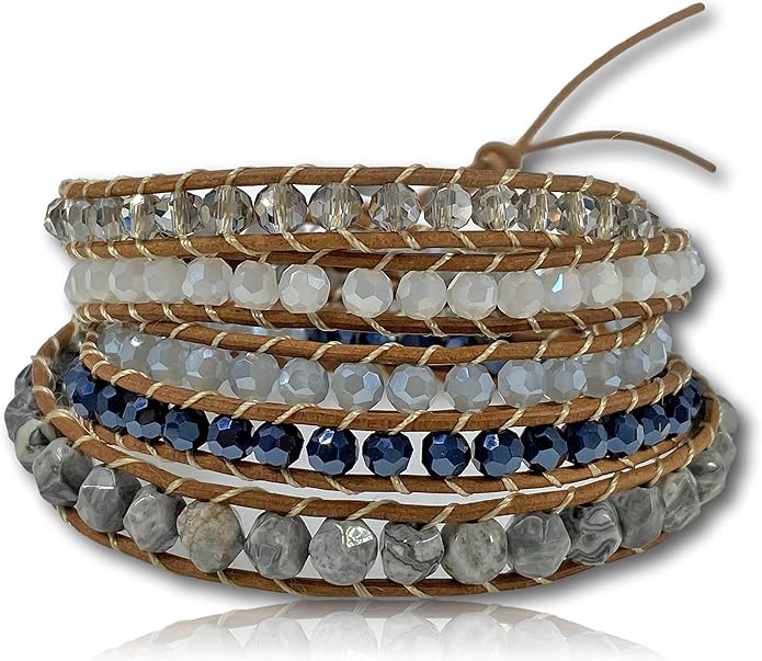 MGR MY GEMS ROCK! 35-Inch Long Multi-Layer Hand Crafted Gemstone and Crystal Multi-Stone Beaded on Genuine Leather Boho Style Stackable Super Wrap Bracelet, up to 5 Wraps.