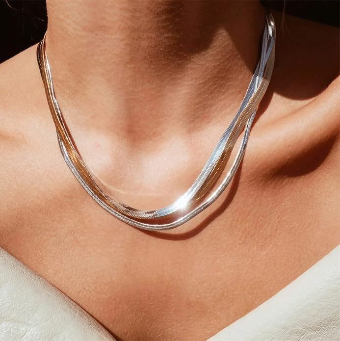 DEARMAY 14K Gold Plated Herringbone Necklaces for Women, Dainty Gold Snake Choker Chain Non Tarnish Trendy Simple Thin & Chunky Options Neckalce 1.5/3/5/6/8mm Chain Jewelry for Gifts