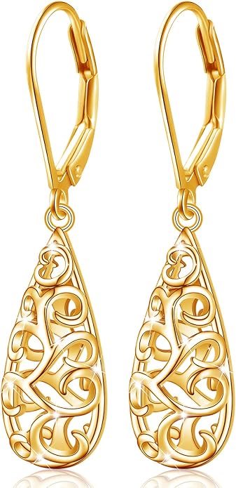 Sterling Silver Leverback Dangle Earrings for Women Teardrop Filigree 14K Gold Plated Dangly Earrings Mother’s Day Gift