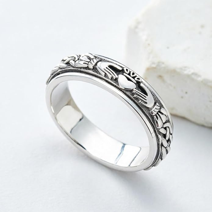 Claddagh Fidget Spinner Rings 18k White Gold Plated Celtic Knot Anxiety Ring Eternity Love Irish Claddagh Jewelry Gifts for Women Men Mom Wife (Size 7-10)