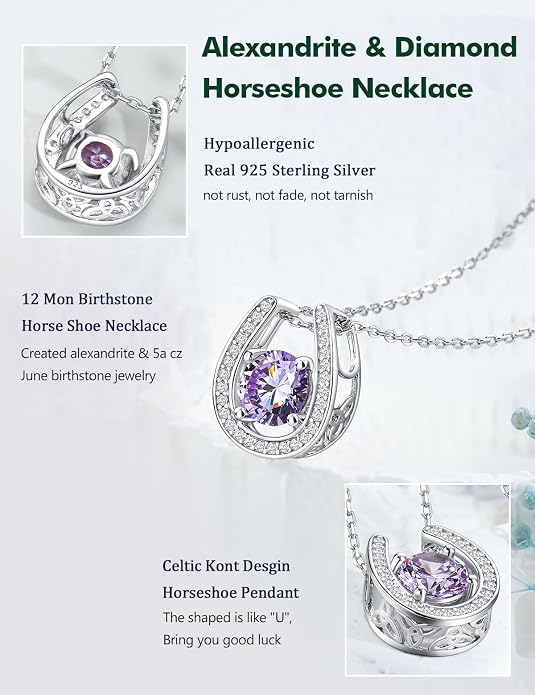 925 Sterling Silver Horseshoe Necklace for Women Round Gemstone Birthstone Necklace Sapphire/Emerald/Ruby/CZ Horse Shoe Pendant Necklaces Jewelry Gift