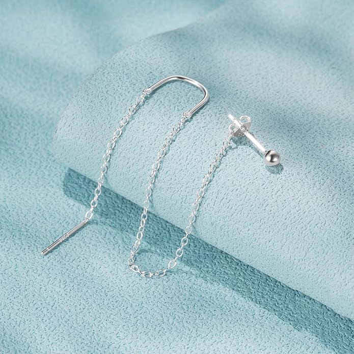 Sterling Silver Threader Chain Earrings for Women Girls Long Chains Tassel Dangle Drop Double Piercing Studs Earring Hypoallergenic Cute Birthday Holiday Travel Accessories Jewelry Gifts