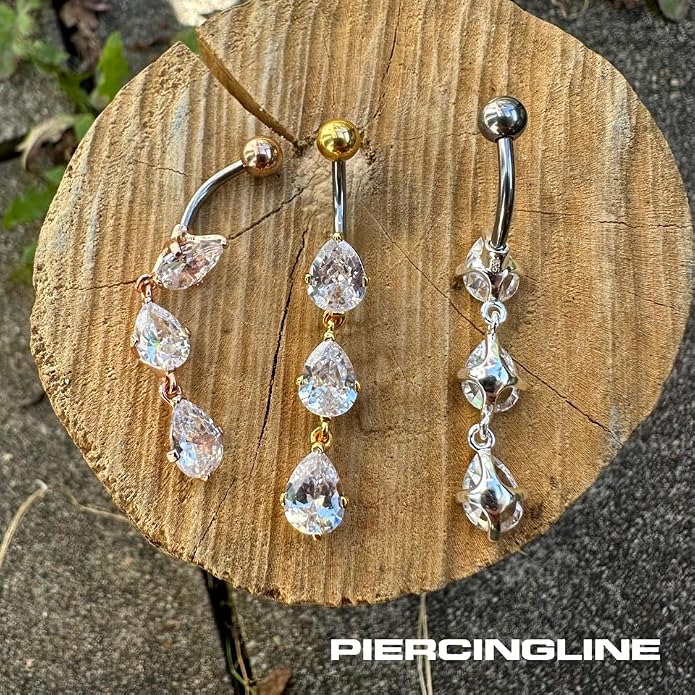 PIERCINGLINE Titanium Belly Button Piercing 925 Silver Design CRYSTAL DROPS safe