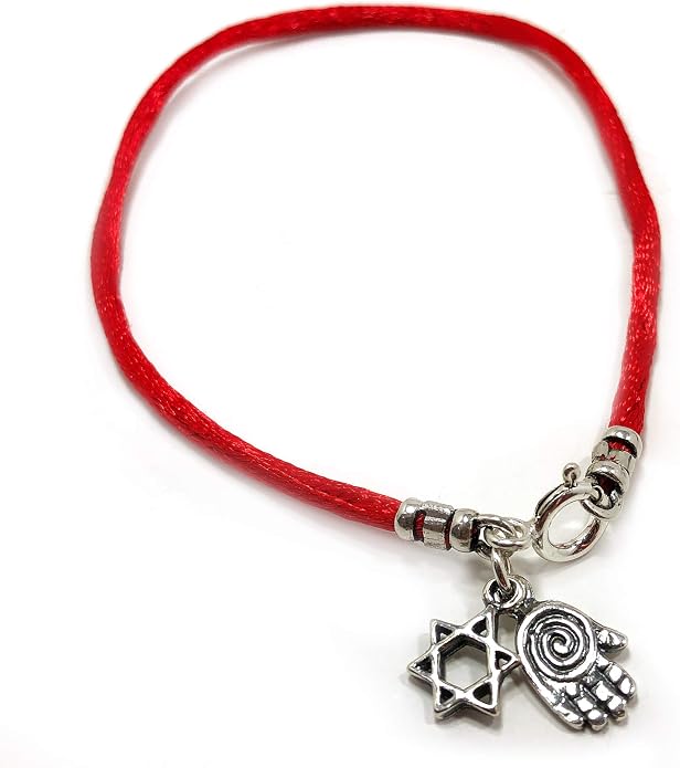 Sterling Silver Star of David Charm & Lucky Hamsa Hand Charms Bracelet on Red String Bracelet - Jewelry for Women Men & Teens - 7" Length