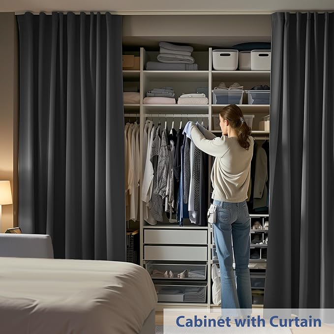 Room Divider Ceiling Mounted Curtains Track Sets Extra Wide Blackout Curtain Flexible Tracks for Bedroom Privacy Partition Separator, 1 Panel Black Drape and White Rail, W15 x H9ft