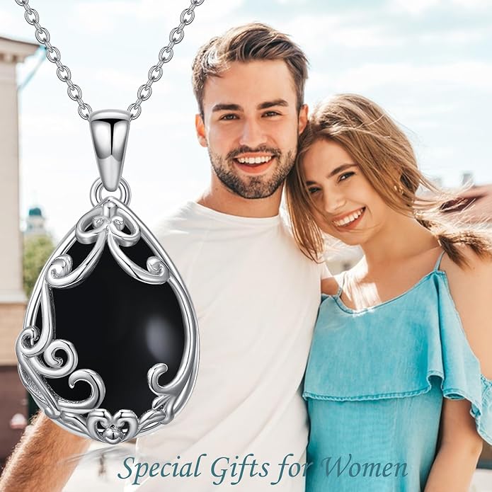 HPQQ Teardrop Necklace 925 Sterling Silver Filigree Gemstone Pendant Necklace Fine Jewelry Birthday Mother's Day Gifts for Women Her Mom