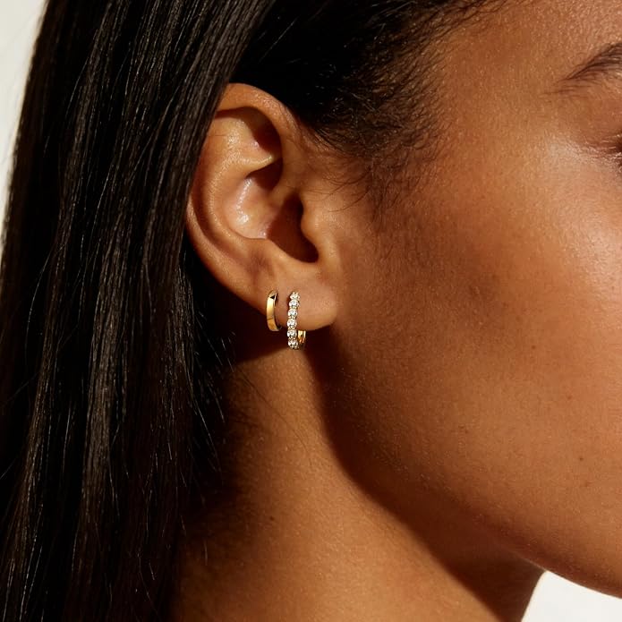 14K Gold Filled Earrings for Women Double Hoop Earring 925 Sterling Silver Post Hypoallergenic Moissanite Layered Stud Earrings, Minimalist Edgy Fine Jewelry for Everyday Wear