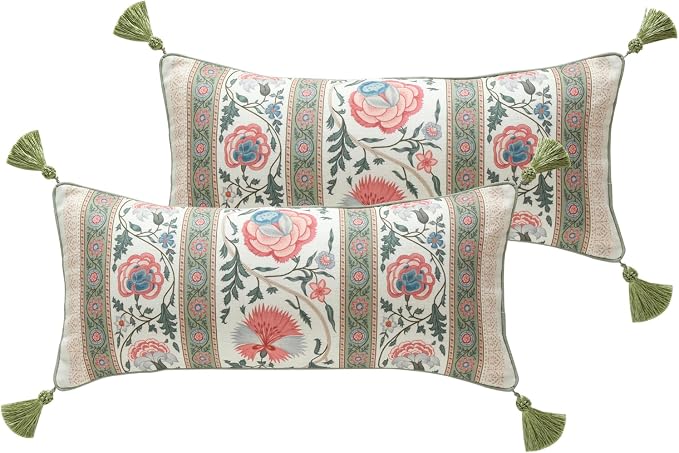 ISAENNE French Linen Rectangle Throw Pillow Cover,Set of 2,20"x12"-Daffy B | Designer French Elegant Pillow Cover,Concealed Zipper Design,Floral Pattern,Sofa,Bedroom,Living Room,Lounge Chairs
