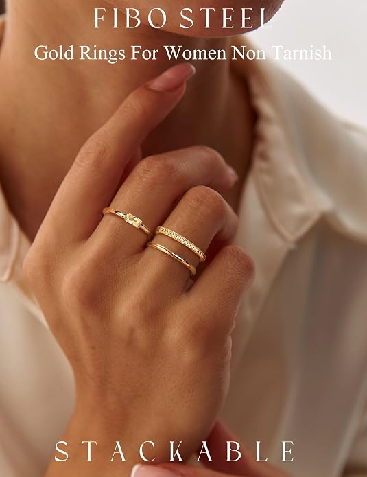 Gold Stackable Birthstone Rings for Women - 18K Gold Filled Non Tarnish Dainty Gold Stacking Rings Set - Cubic Zirconia Thumb Knuckle Ring Wedding Engagement Ring for her Gifts Size 6 7 8 9 10 3pcs
