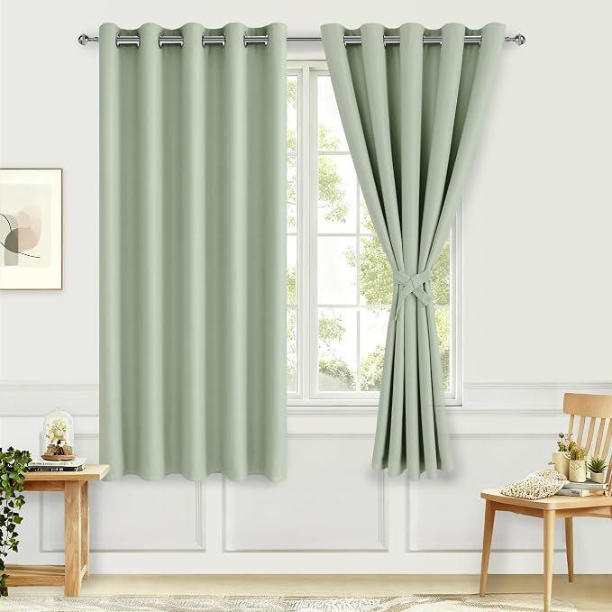 Hiasan Blackout Curtains for Bedroom, 60 x 63 Inches Length - Thermal Insulated & Light Blocking Window Curtains for Living Room/Kids Room, 2 Drape Panels Sewn with Tiebacks, Seafoam Green