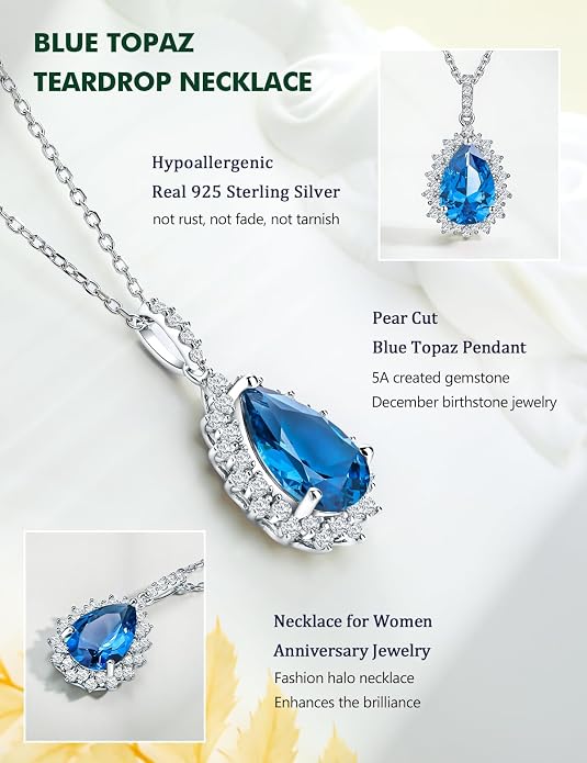 925 Sterling Silver Teardrop Necklace for Women Huge Created Gemstone Solitaire Halo Pendant Pear Cut Birthstone Necklace