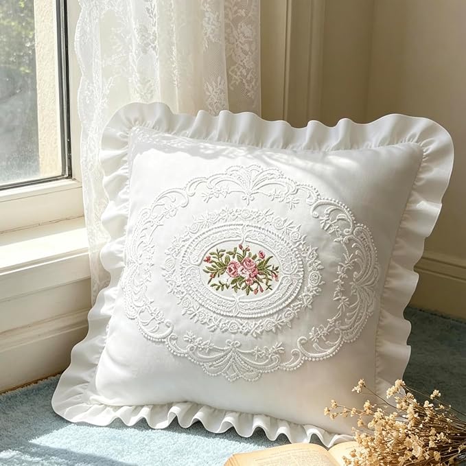 20x20 Pillow Covers, White Lace Square Cushion Cover 100% Cotton Throw Pillow Cover Pillowcase Set of 2, Decorative Cushion case,Handmade Pillowcase with Ruffles