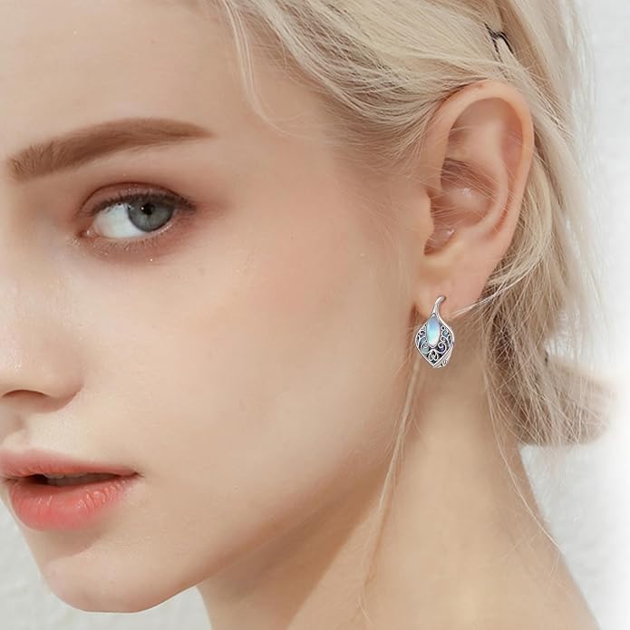 Moonstone Abalone Shell Earrings 925 Sterling Silver Dragonfly/Hummingbird/Butterfly/Lotus/Filigree Hoop Leverback Earrings Jewelry Gifts for Women