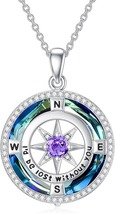 TOUPOP Necklace Gifts for Wife Compass Jewelry Women Anniversary Girlfriend Birthday Gift for Her Valentines I'd be Lost without You Sterling Silver Birthstone Necklaces