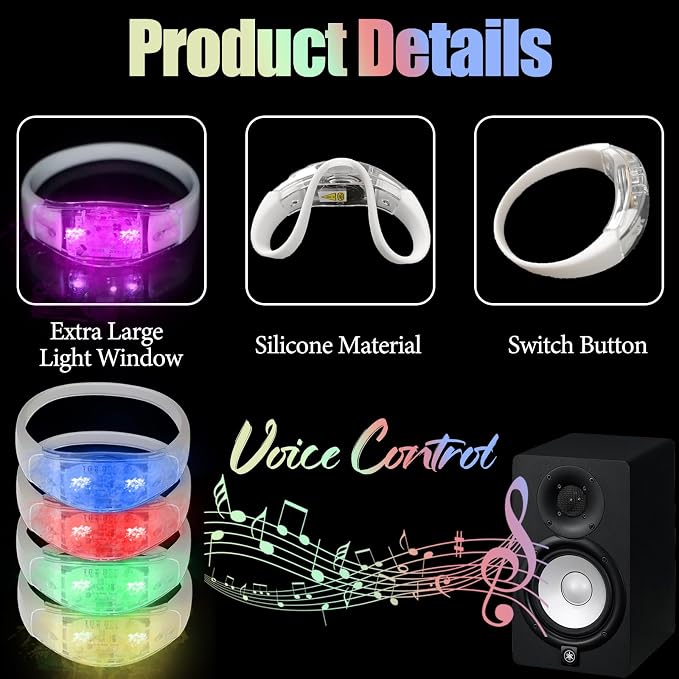 24 Pcs LED Glow Bracelets Sound Activated Led Flashing Bracelet Light Up Bracelets for Adults Glow in the Dark Party Supplies Birthday Carnival Concerts Events Christmas (6 Colors Changing, One size)
