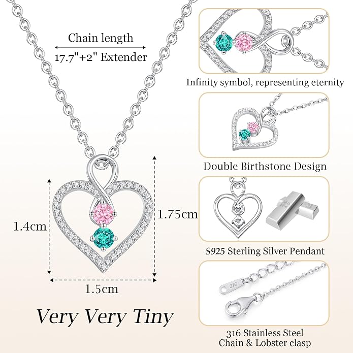 LOUISA SECRET Double Birthstone Necklaces for Women, 925 Sterling Silver Infinity Love Heart Pendant Necklace for Her, Birthday Anniversary Valentine's Day, Christmas, Wedding, Graduation Gift for Her, Personalized Gifts, Jewelry Gifts for Wife Mom Gir...