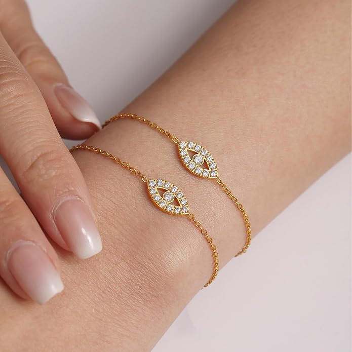JUN MEIR'S 18K Gold Plated Evil Eye Adjustable Bracelet for Women, Simple Zirconia Link Bracelet, Birthday Anniversary Jewelry Gifts for Wife, Mom, Best Friend