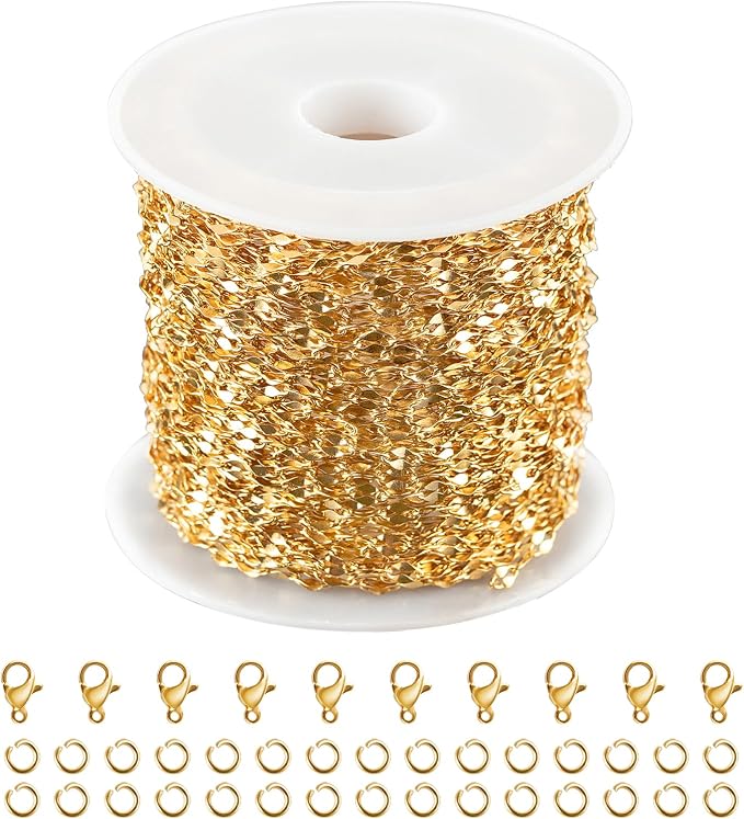 Kyutong 32.8 Feet Thin Stainless Steel Lip Chain Roll Gold Chain for Jewelry Making for Necklace Choker Bracelet DIY Jewelry Craft Supplies