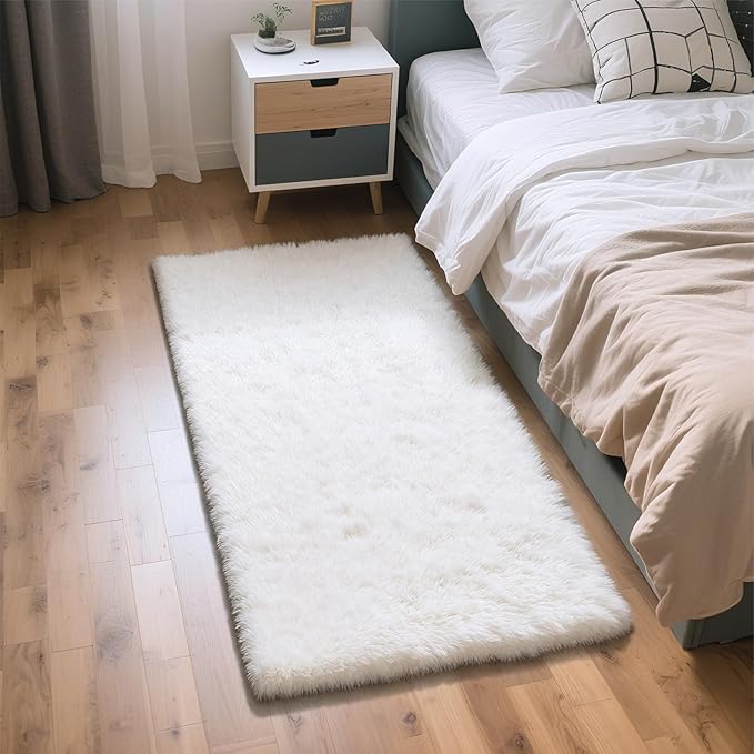 Fluffy Rug Shag Area Rug, White 2x4 Area Rugs for Bedroom, Small Bedside Rug, Soft Fluffy Shag Entryway Throw Rugs for Living Room Bedroom Room Home Decor