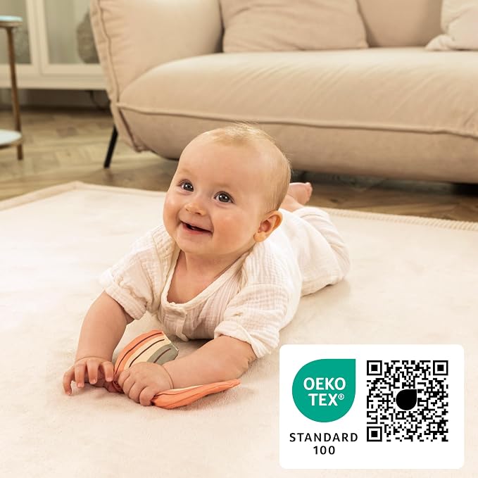 Hakuna Matte CloudSoft Baby Play Mat for Floor 80" x 110" Beige | Coral Velvet high-density foam Rug for Crawling & Cozy Play – Non-Slip, Water-Resistant, Easy-CareTummy Time Mat