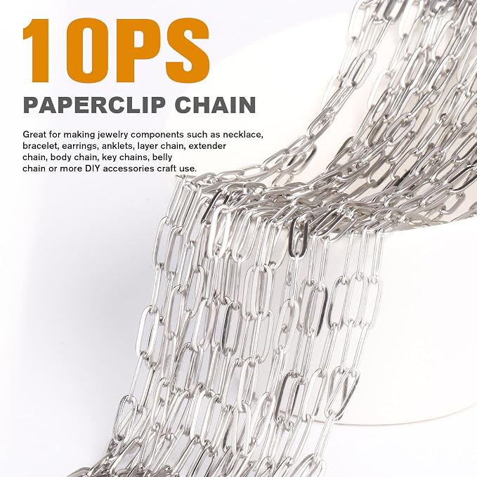 10PCS Paperclip Chains Necklace Bulk 2.5MM 16 Inches Stainless Steel Finished Paperclip Link Chain Bulk forJewelry Making