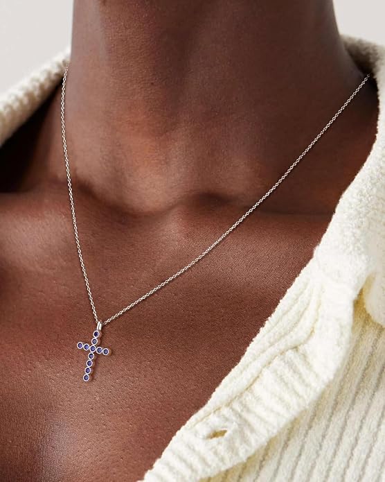 925 Sterling Silver 18 inch Birthstone Cross Pendant Necklace for Women Men