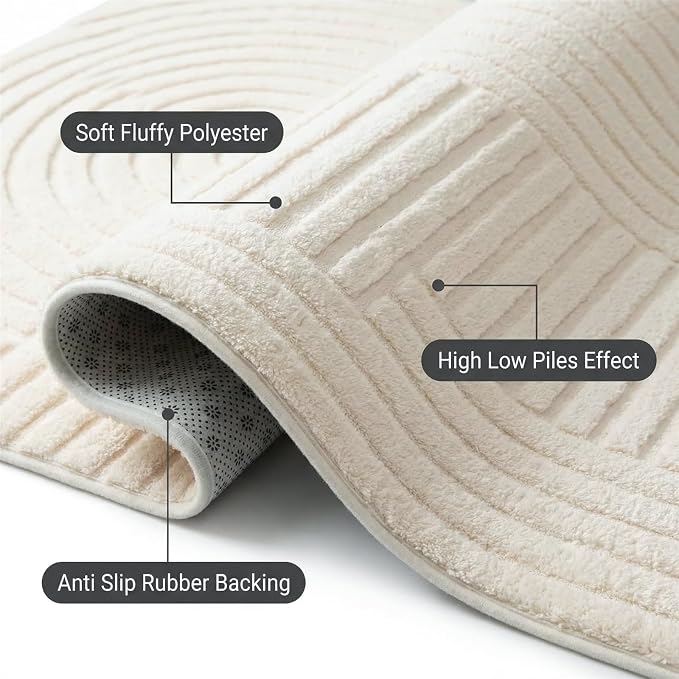 5x7 Beige Solid Geometric Area Rugs for Living Room Bedroom, Washable | High-Low Pile Textured Carpet, Ultra Soft, Durable, Non-Slip, Fluffy Floor Rugs for Bedroom, Kids Room, Nursery, Home Décor